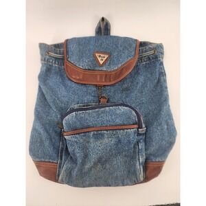 Route 66 Vintage Blue Denim Backpack Brown Faux Leather Trim Drawstring 90s Y2K